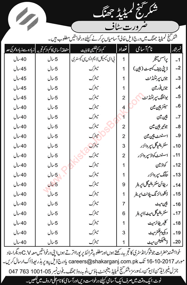 Shakarganj Limited Jhang Jobs 2017 October Centrifugal Supervisors, Pan Mate & Others Latest