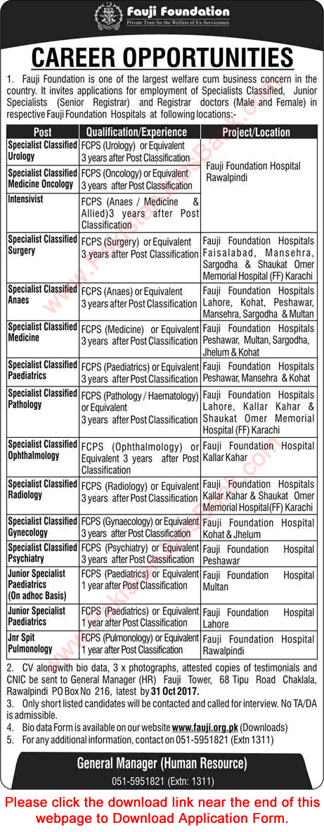 Fauji Foundation Hospitals Jobs October 2017 Application Form Specialist Doctors / Classified Latest