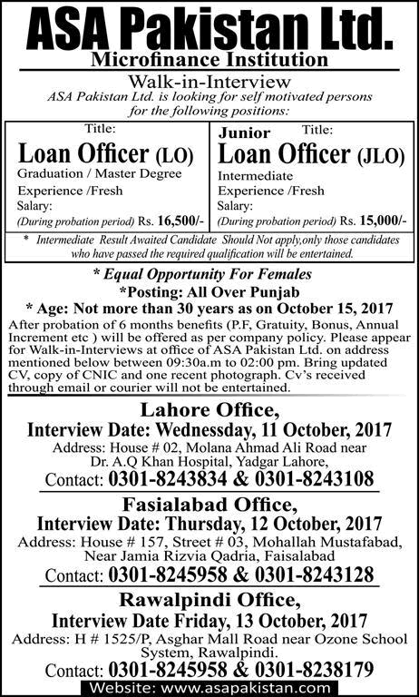 Loan Officer Jobs in ASA Pakistan Pvt Ltd October 2017 Walk in Interviews Latest