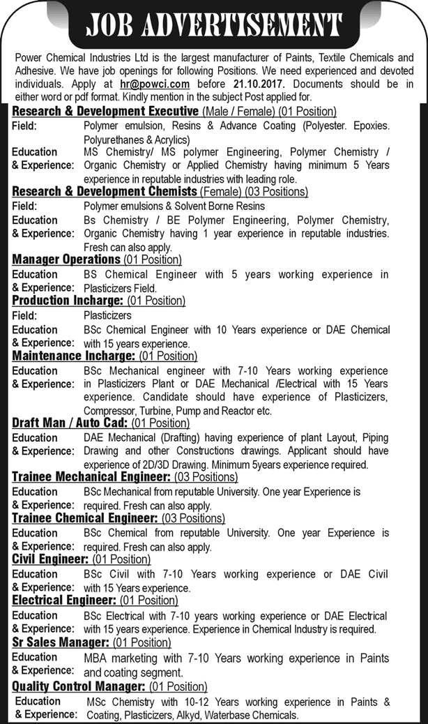 Power Chemical Industries Pvt Ltd Pakistan Jobs 2017 October Civil / Trainee Engineers & Others Latest