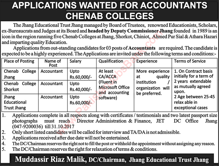 Accountant Jobs in Chenab Colleges Punjab October 2017 Latest