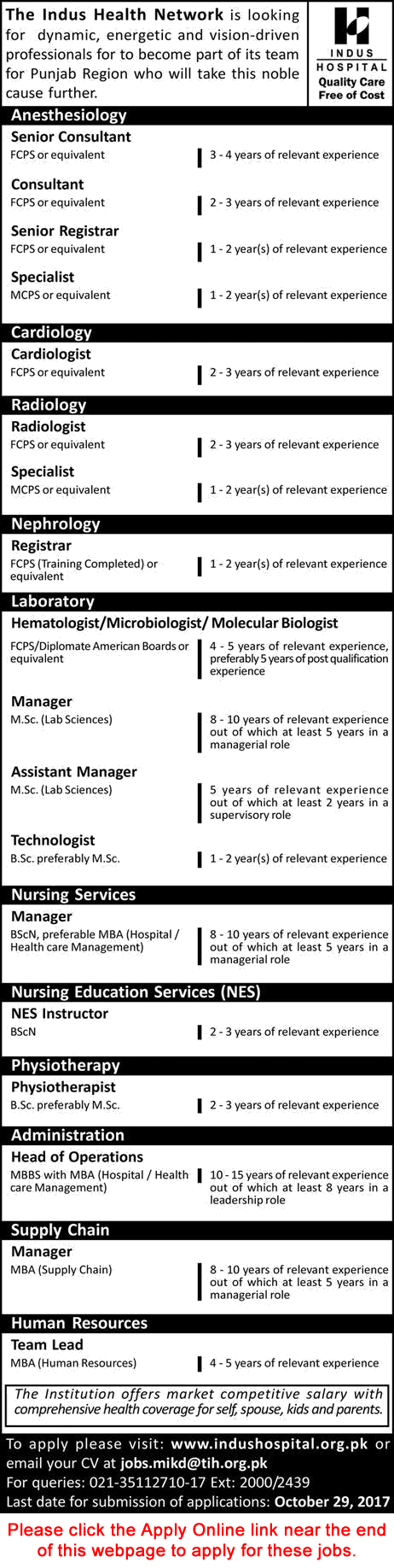 Indus Hospital Jobs October 2017 Apply Online Specialist Doctors / Consultants & Others Latest