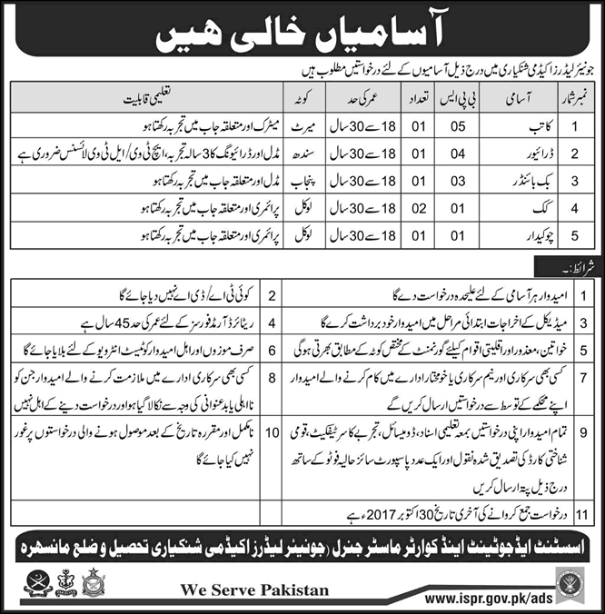 Junior Leaders Academy Shinkiari Jobs October 2017 Cooks, Driver, Chowkidar & Others Pakistan Army Latest