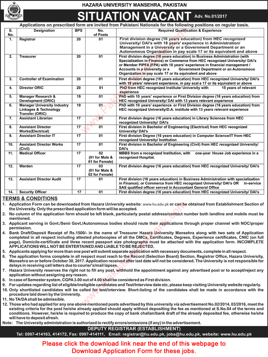 Hazara University Mansehra Jobs October 2017 Application Form Wardens, Medical Officers & Others Latest