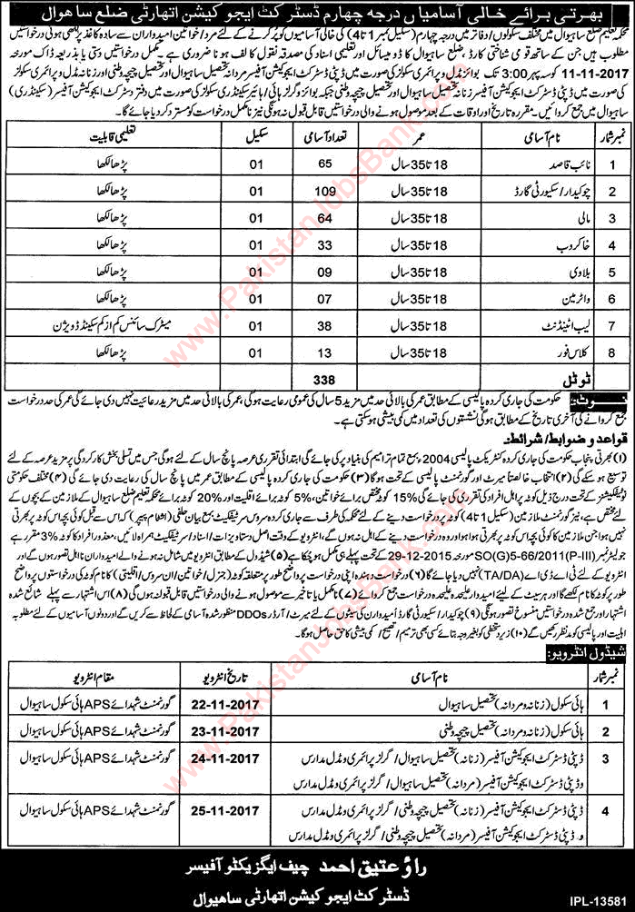 Education Department Sahiwal Jobs 2017 October Security Guards, Naib Qasid, Mali & Others Latest