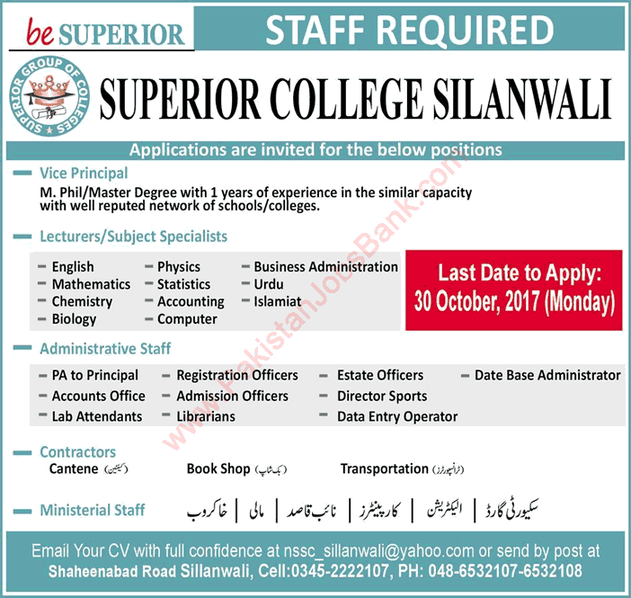 Superior College Sillanwali Jobs 2017 October Sargodha Lecturers, Admin Staff & Others Latest