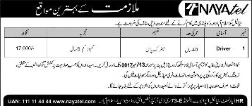 Driver Jobs in Nayatel Islamabad / Rawalpindi November 2017 Latest