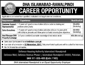 DHA Islamabad / Rawalpindi Jobs November 2017 Sales Executives & Others Defence Housing Authority Latest