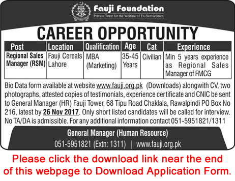 Regional Sales Manager Jobs in Fauji Foundation November 2017 Fauji Cereals Lahore Application Form Latest