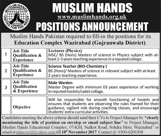 Muslim Hands Pakistan Jobs November 2017 at Education Complex Wazirabad NGO Latest