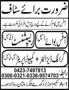 Computer Operator, Graphic Designer, Officer Boy & Receptionist Jobs in Lahore November 2017 Latest
