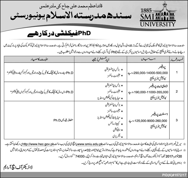 Sindh Madressatul Islam University Karachi Jobs November 2017 Apply Online SMIU Latest