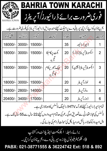 Bahria Town Karachi Jobs November 2017 Excavator Operators, Damper Drivers & Others Super Highway Project Latest