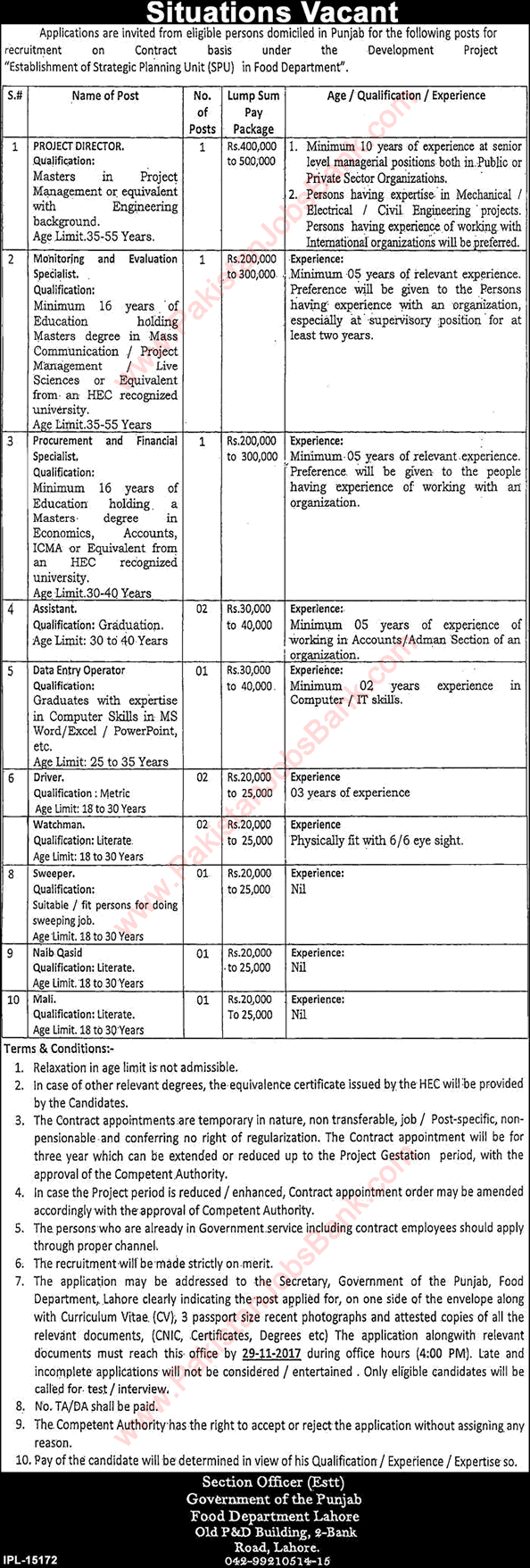 Food Department Punjab Jobs November 2017 Assistants, Watchman, Drivers & Others Latest