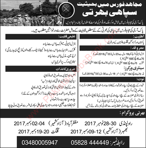 Mujahid Force Jobs November 2017 Sipahi, Clerk, Trademan & Sanitary Workers Latest