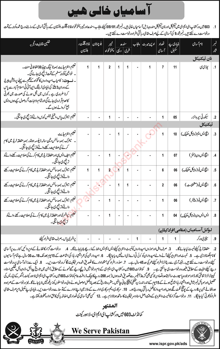 603 Base Workshop EME Lahore Cantt Jobs November 2017 Vehicle Mechanics, Machinists & Others Latest