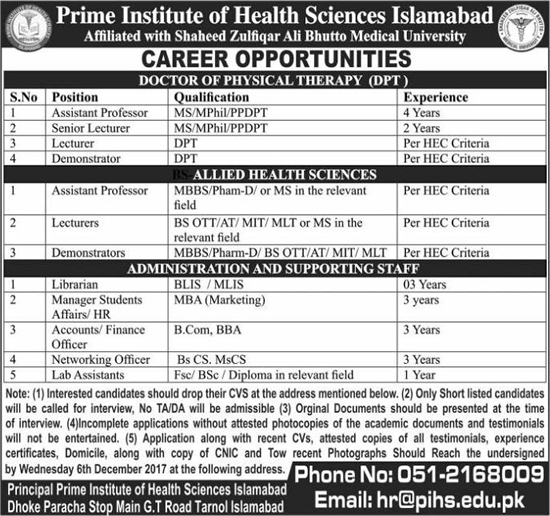 Prime Institute of Health Sciences Islamabad Jobs 2017 November Teaching Faculty & Others Latest