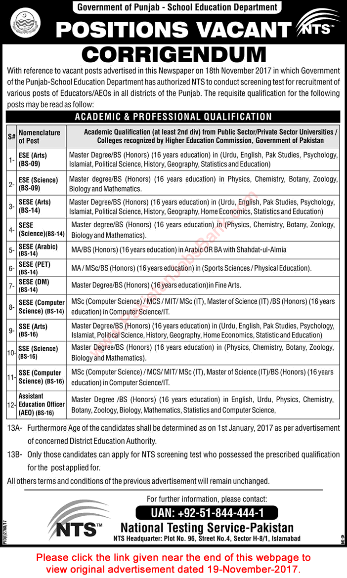 School Education Department Punjab Jobs November 2017 Corrigendum Latest