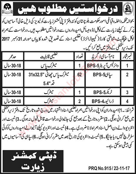 Deputy Commissioner Office Ziarat Jobs 2017 November Sipahi, Wireless Operator & Drivers Latest