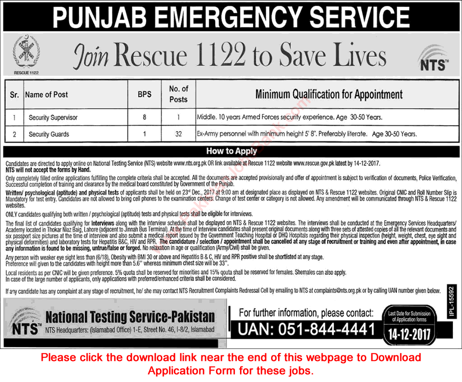 Security Guards & Supervisor Jobs in Punjab Emergency Service Rescue 1122 November 2017 December NTS Application Form Latest