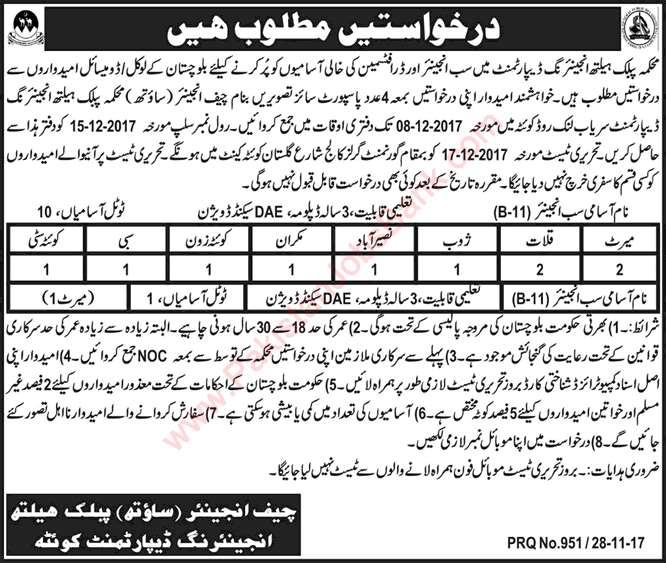 Sub Engineer / Draftsman Jobs in Public Health Engineering Department Balochistan November 2017 December Latest