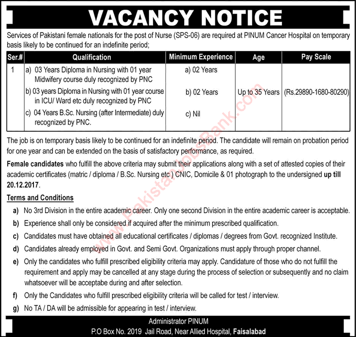 Nurse Jobs in PINUM Cancer Hospital Faisalabad 2017 November / December Latest