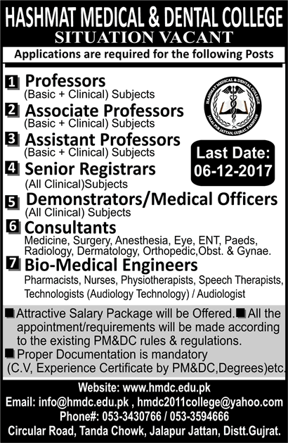 Hashmat Medical and Dental College Jalalpur Jattan Jobs 2017 December Gujrat Teaching Faculty & Others Latest