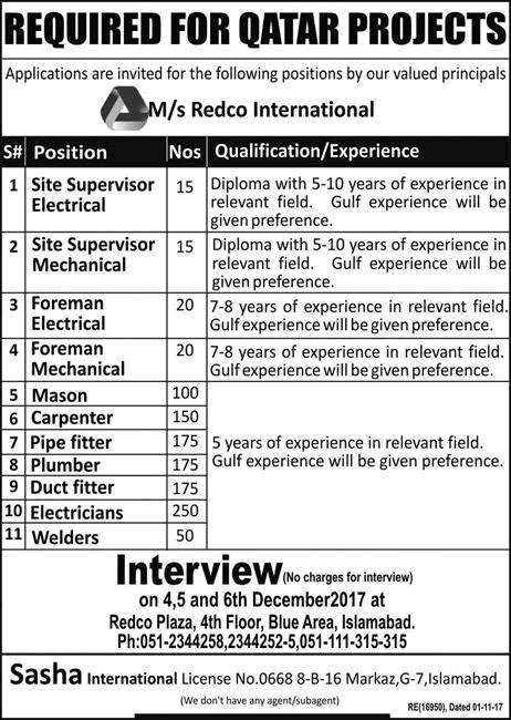 Redco International Qatar Jobs December 2017 Walk in Interview Electricians, Plumber, Carpenters & Others Latest