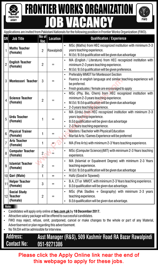 FWO Jobs December 2017 Rawalpindi Apply Online Frontier Works Organization Latest