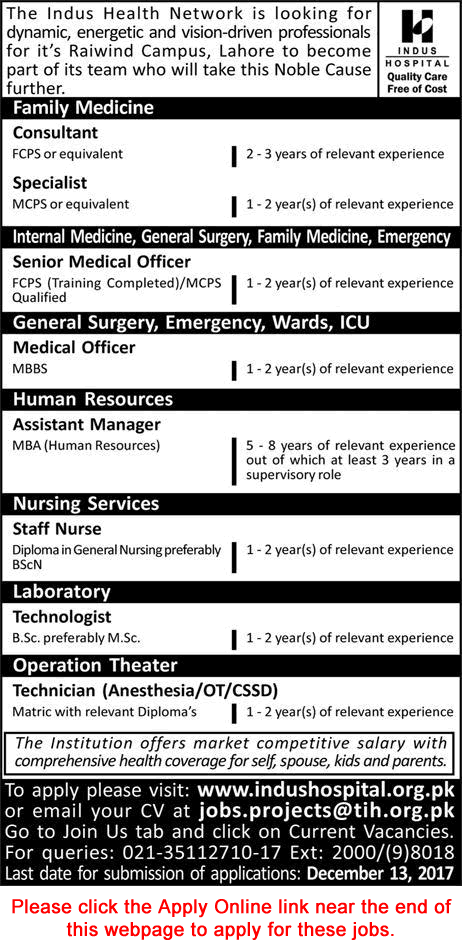 Indus Hospital Lahore Jobs December 2017 Apply Online Medical Officers, Nurses & Others Latest