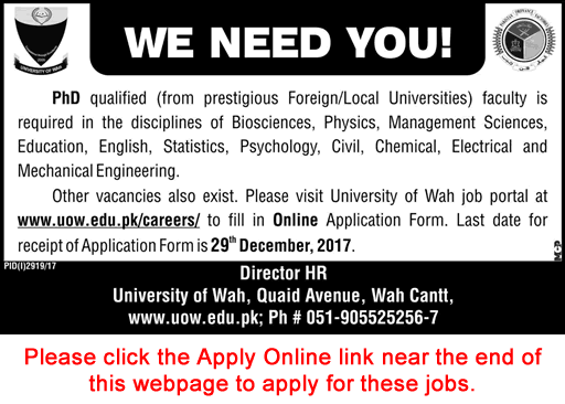 University of Wah Jobs 2017 December Apply Online Teaching Faculty Latest