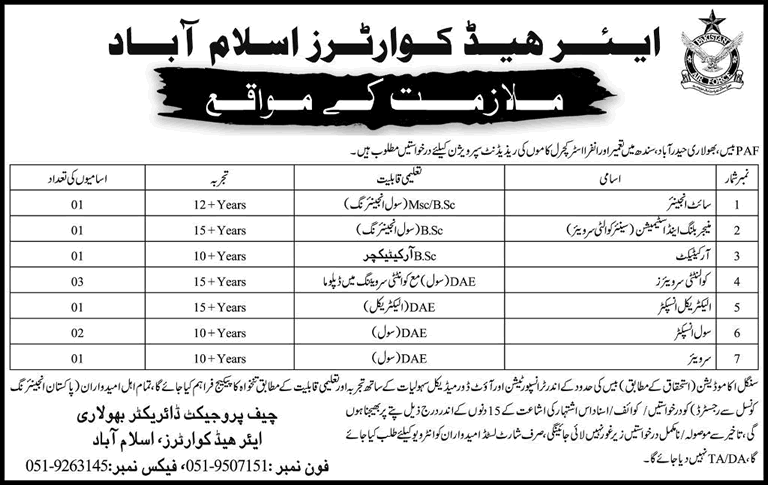 PAF Base Bholari Hyderabad Jobs 2017 December Quality Surveyor, Civil Inspector & Others Latest