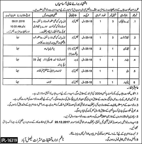 Entomological Research Institute Faisalabad Jobs 2017 December Fieldman, Baildar & Others Latest