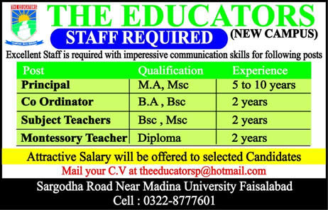 The Educators School Faisalabad Jobs December 2017 Teachers, Principal & Coordinator Latest