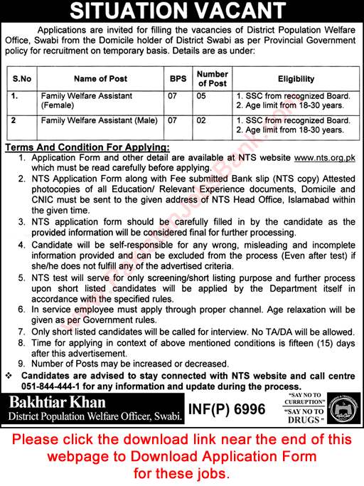 Family Welfare Assistant Jobs in Population Welfare Department Swabi December 2017 NTS Application Form Latest