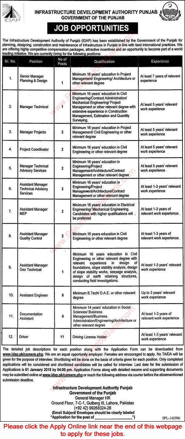 Infrastructure Development Authority of Punjab Jobs December 2017 Apply Online IDAP Latest