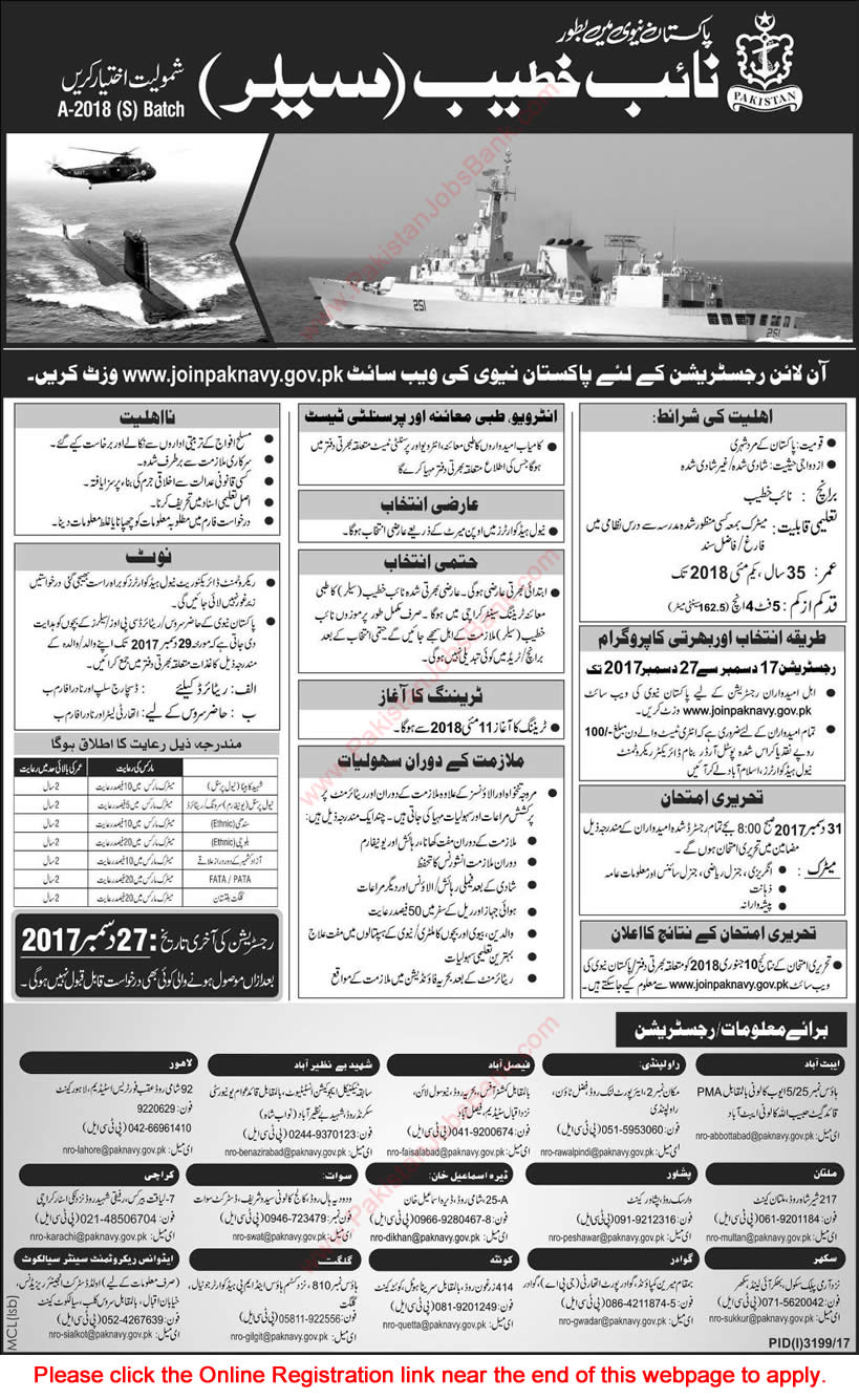 Join Pakistan Navy as Naib Khateeb / Sailor December 2017 Online Registration A-2018(S) Batch Latest