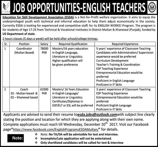 Education for Skill Development Association Jobs 2017 December ESDA NGO Coordinators & Coaches Latest