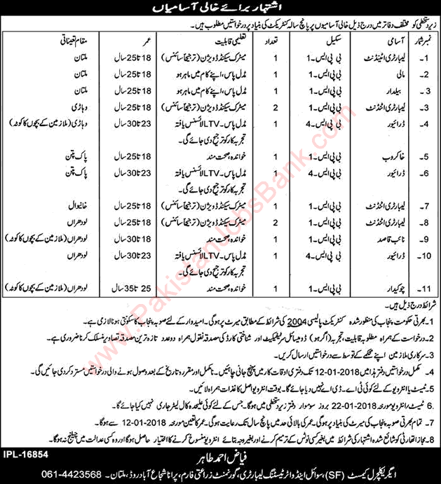 Soil and Water Testing Laboratories Punjab Jobs 2017 December Lab Attendant, Drivers, Naib Qasid & Others Latest