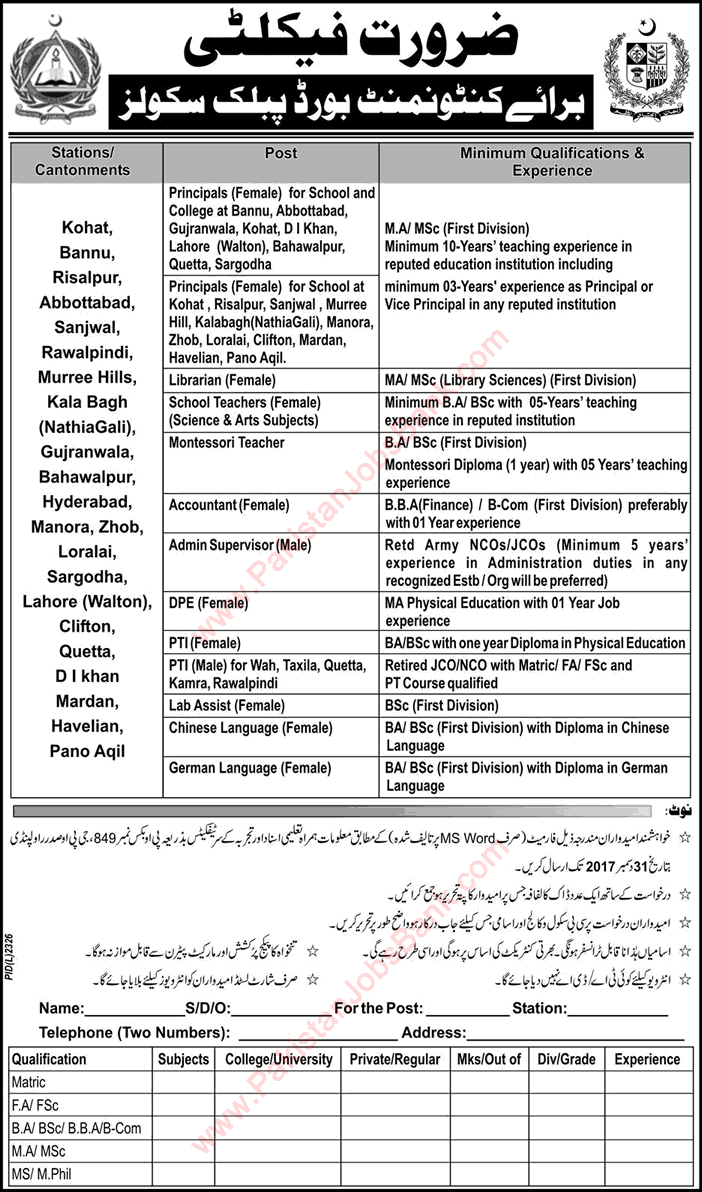 Cantonment Board Public Schools and Colleges Jobs December 2017 Teachers, Lab Assistants & Others Latest