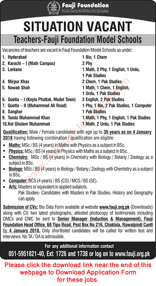 Fauji Foundation Model Schools Jobs December 2017 Teacher Application Form Download Latest