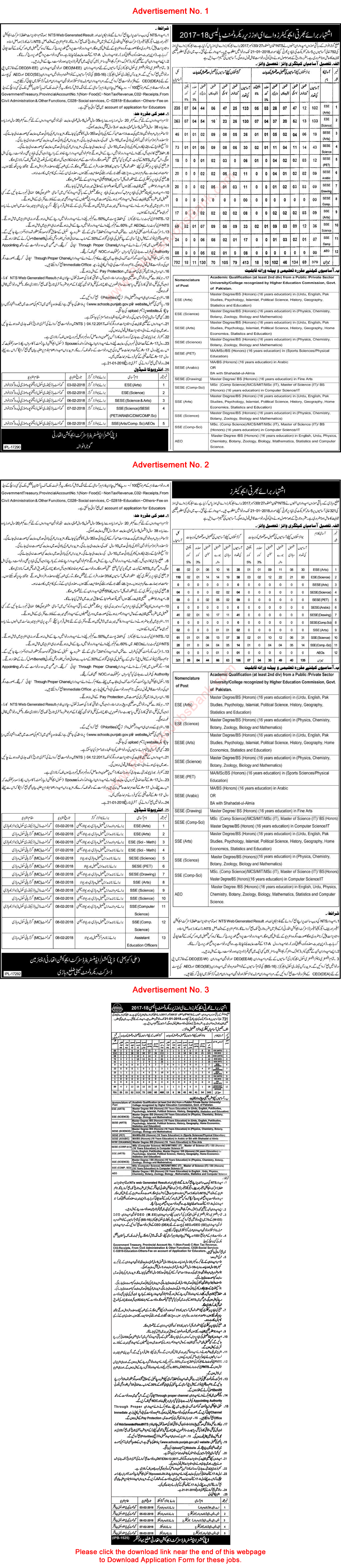 Punjab School Education Department Jobs December 2017 / 2018 Educators & Assistant Education Officers NTS Latest