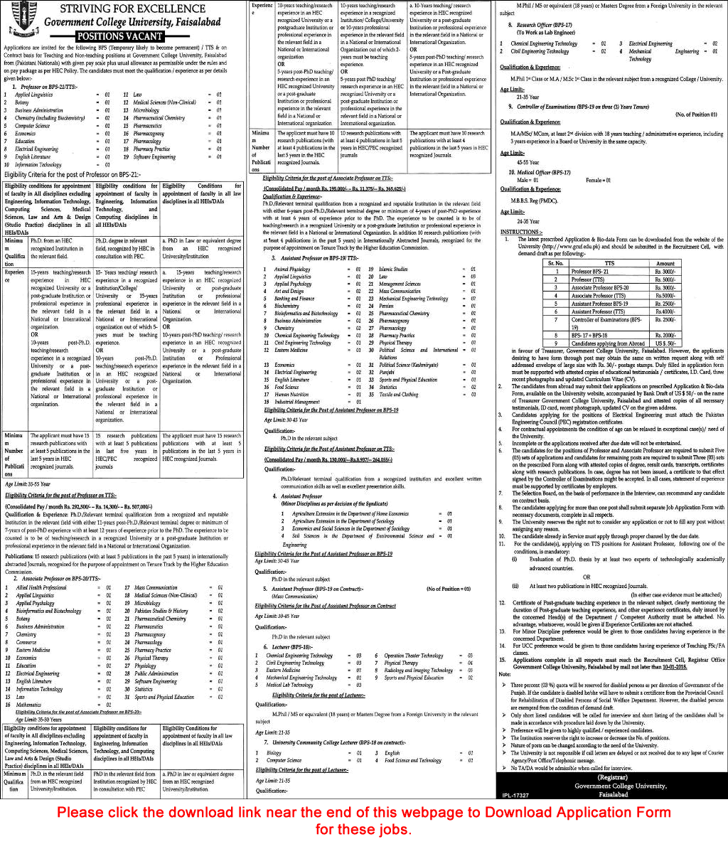 GC University Faisalabad Jobs December 2017 / 2018 Application Form Teaching Faculty & Others Latest