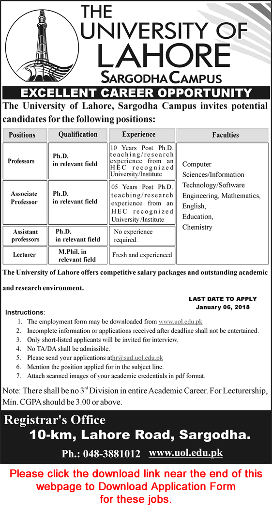 University of Lahore Sargodha Campus Jobs December 2017 / 2018 Application Form Teaching Faculty Latest