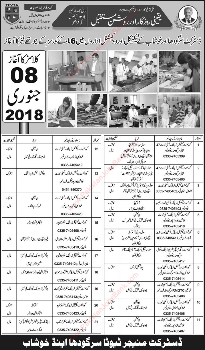 TEVTA Free Courses 2018 Sargodha / Khushab Technical Education and Vocational Training Authority Latest