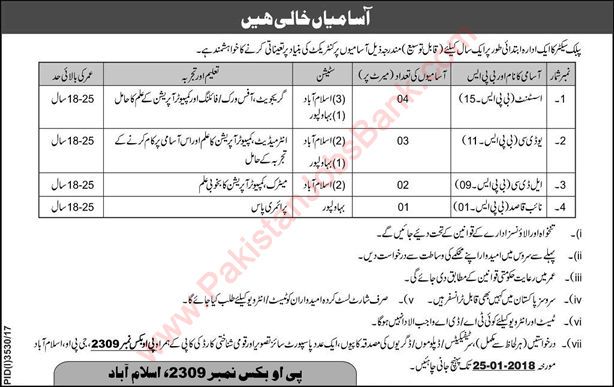 PO Box 2309 Islamabad Jobs 2018 Assistants, Clerks & Naib Qasid Public Sector Organization Latest