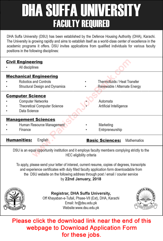 DHA Suffa University Karachi Jobs 2018 January Application Form Teaching Faculty Latest