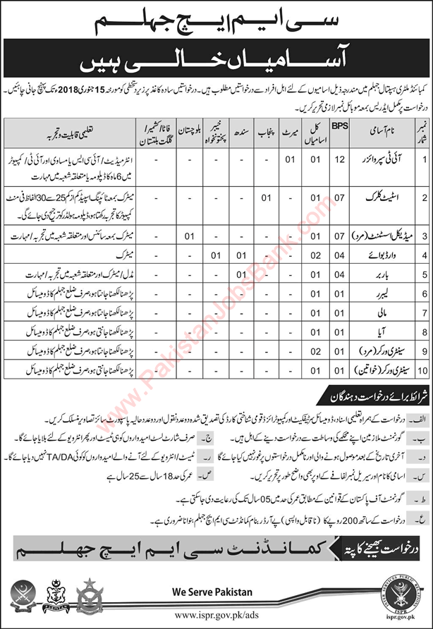 CMH Jhelum Jobs 2018 Ward Boys, Sanitary Workers & Others Combined Military Hospital Latest