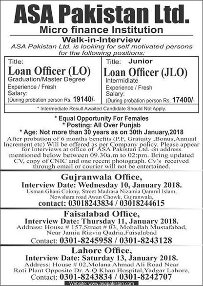 Loan Officer Jobs in ASA Pakistan Ltd 2018 January Walk in Interview Microfinance Institution Latest