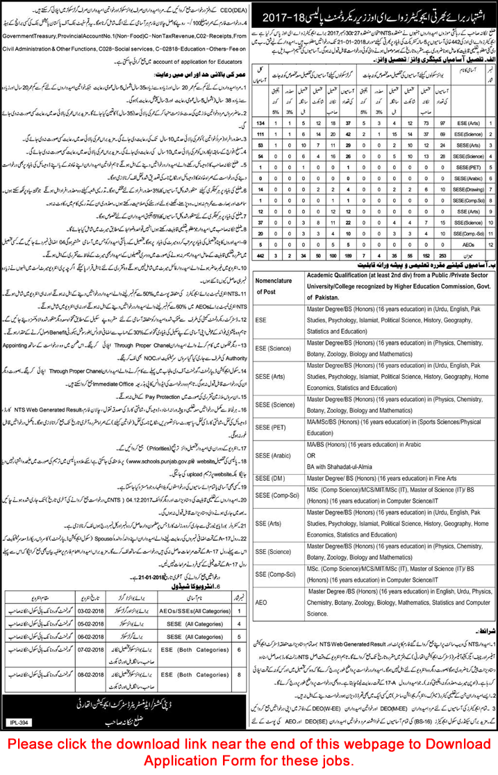 School Education Department Nankana Sahib Jobs 2018 NTS Application Form Educators & AEOs Latest